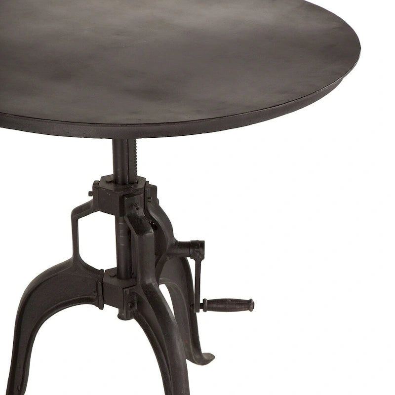 Round Adjustable Crank Side Table – Antique Black, Reclaimed Cast Iron, Industrial Style