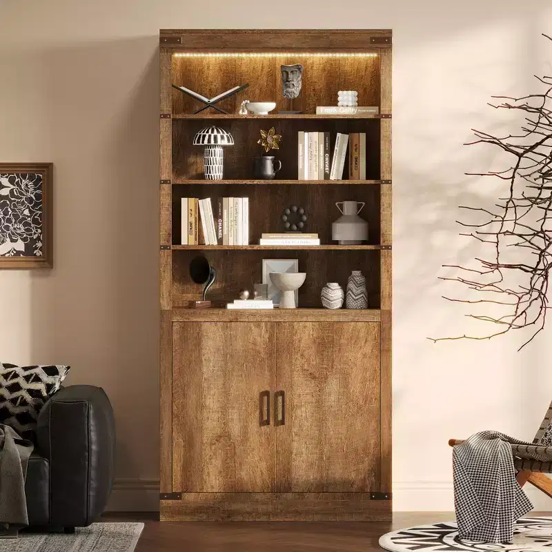 Walnut 4-Tier Bookcase with LED Light & Cabinet Doors, Retro Farmhouse Style, Single