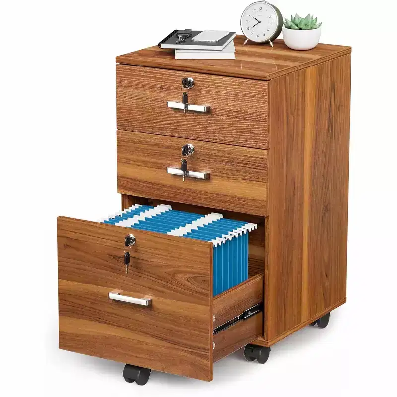 VINGLI 3-Drawer File Cabinet with Lock, Wood Rolling Filing Cabinets for Home Office, Mobile Printer Stand, Under Desk File Organizer