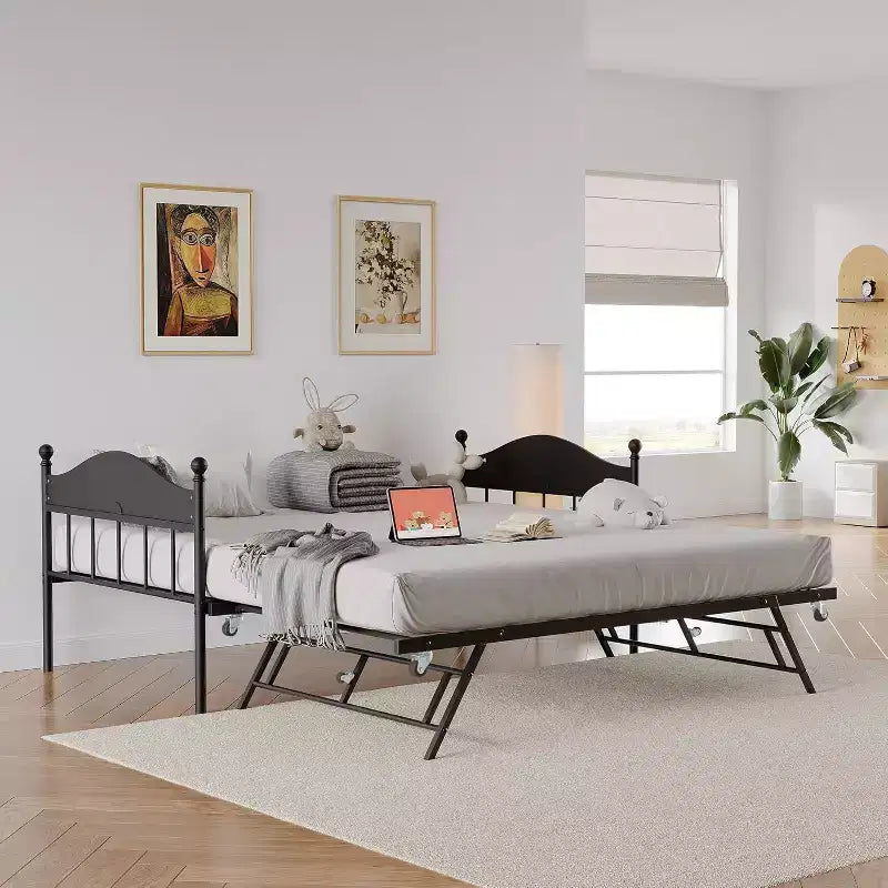 Daybed with Trundle, Twin Size Metal Day Bed, Stylish Headboard, Height-Adjustable Trundle, for Living Room/Bedroom/Guest Room, Black