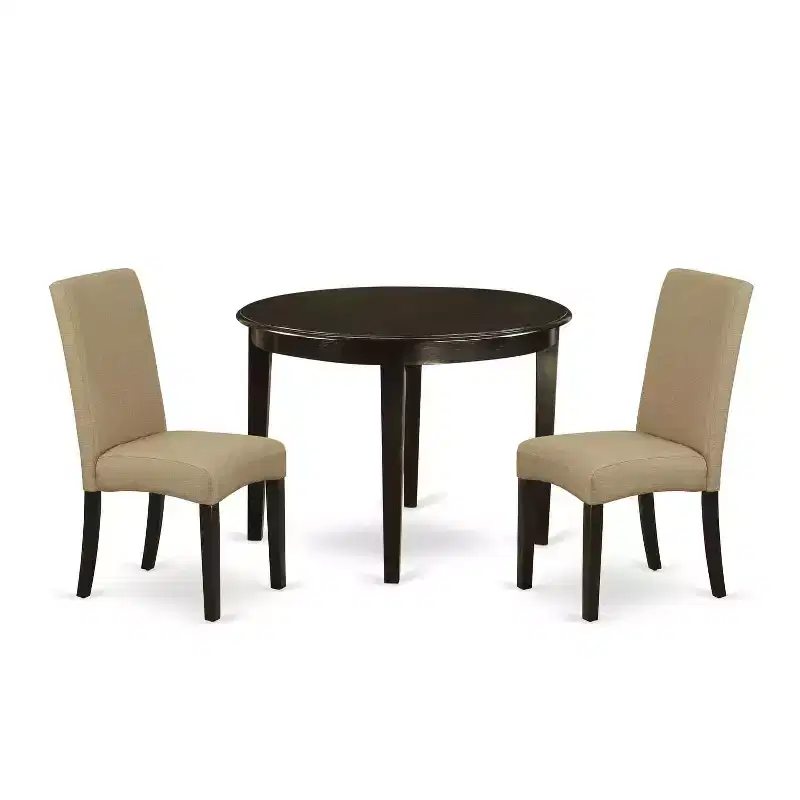 Round Dining Table Set 3pc - 42 Table & 2 Parsons Chairs - Linen Fabric - Cappuccino Finish