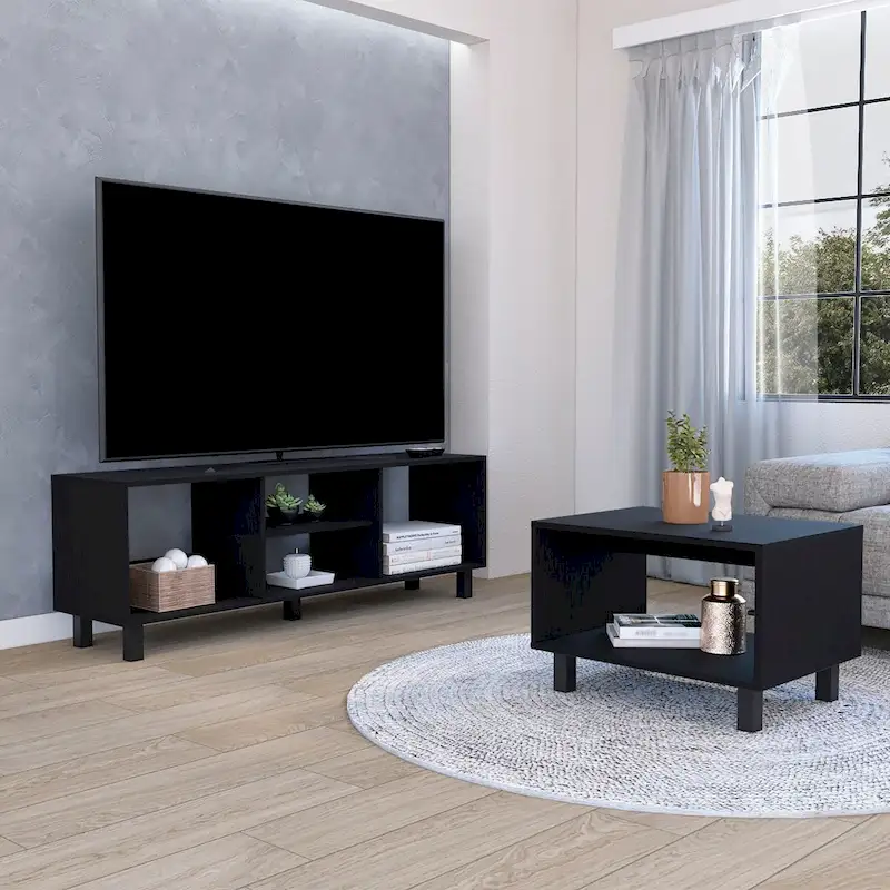 Black Modern TV Stand & Coffee Table Set, 2-Piece