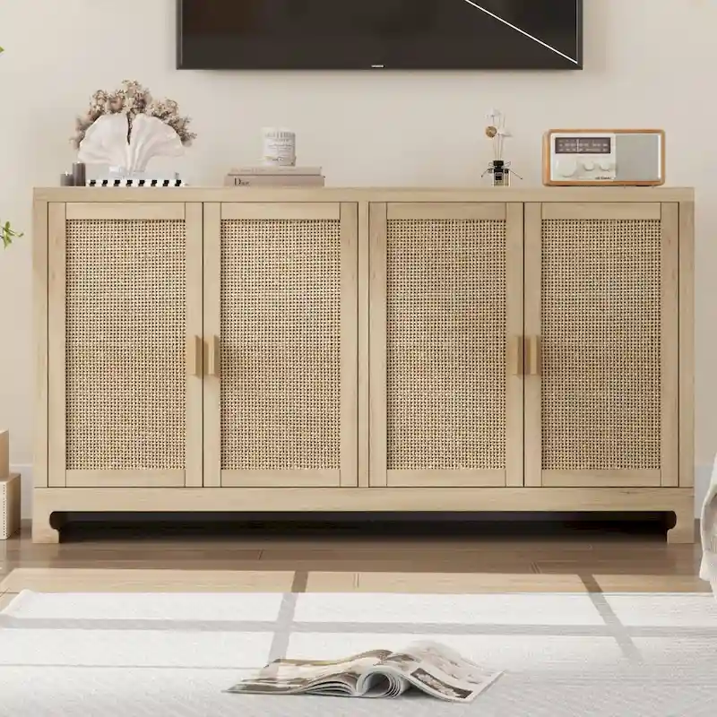 Rattan Buffet Storage Cabinet with 4 Doors and Shelf - N/A