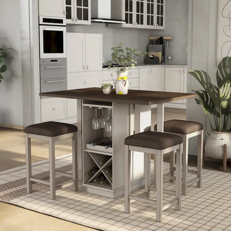 Farmhouse White Wood Drop Leaf 5-Piece Counter Height Dining Table Set by Furniture of America