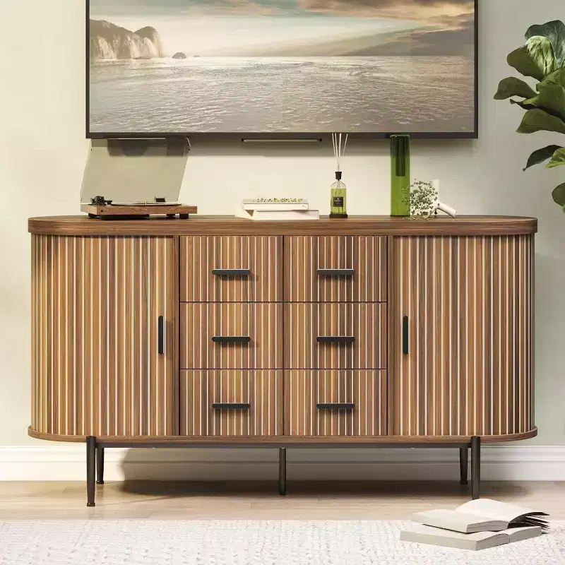 Side cabinet-style buffet cabinet, storage cabinet, living room/kitchen furniture with 6 drawers and 2 sliding doors, made of walnut wood