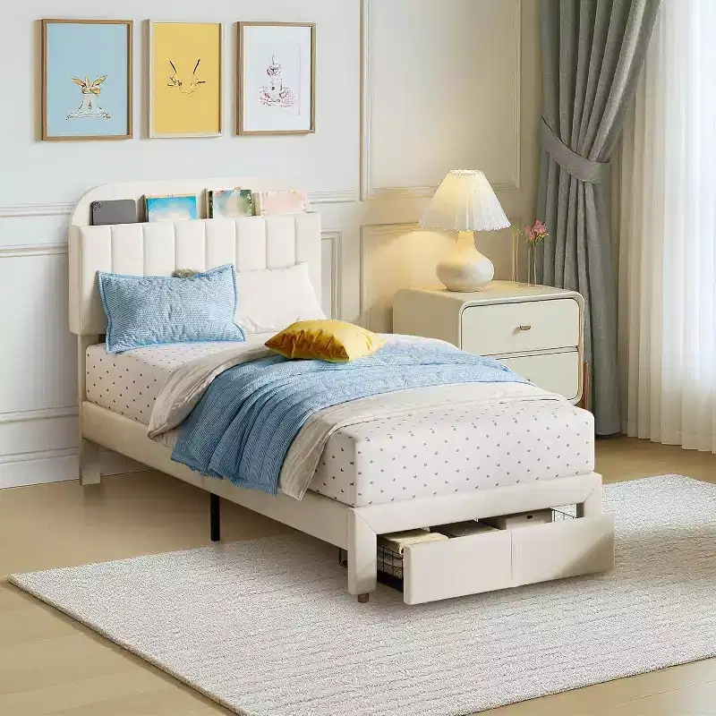 Twin Bed Frame for Kids, Upholstered Platform Bed with Large Storage Drawer and Bookcase Headboard, Noise-Free Easy Assembly Girls Boys Bed, Beige