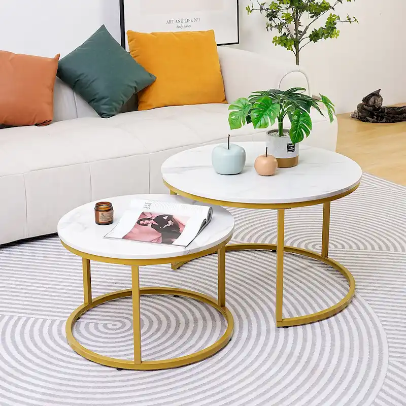 Modern Nugzar Coffee Table Round Metal Nesting Frame in Golden Style Set of 2