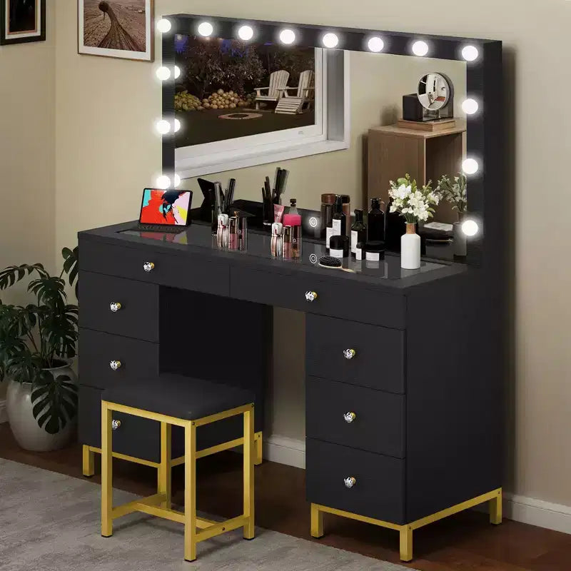Vanity Desk With Large Lighted Mirror, 14 Lights Makeup Vanity Table With 8 Large Drawers & Charging Station, Makeup Vanity Desk
