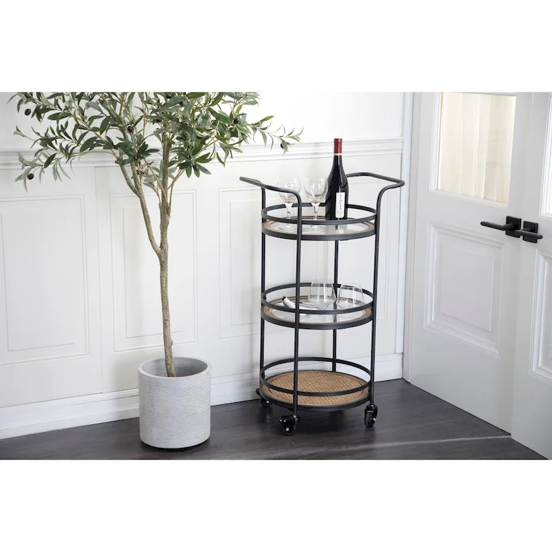 Metal Rolling 1 Rattan and 2 Glass Shelves Bar Cart with Handles - Brown - Roche River Decor - 16Wx21Lx35H