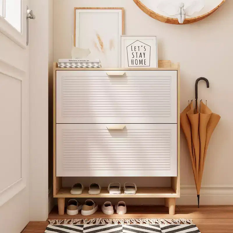 Nordic Style Shoe Storage Cabinet with 2 Flip Drawers Freestanding Organizer with Solid Wood Legs for Entryway White and Solid Wood