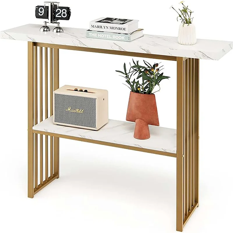 White & Gold 2-Tier Narrow Console Table, 2-Person Capacity