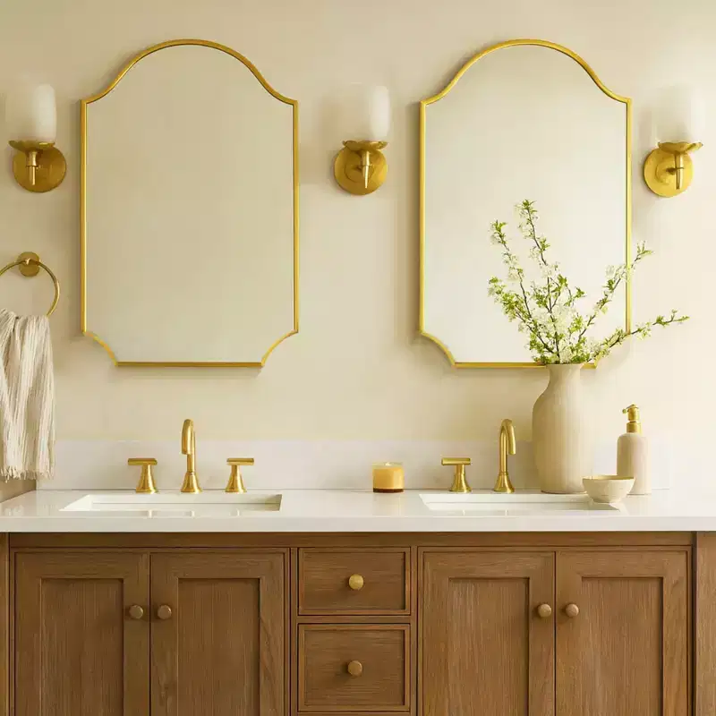 Airius Brushed Gold Scalloped Mirror 24x36, Arched Stainless Steel Wall Mirror with Electroplated Finish, for Bathroom Vanity, Living Room