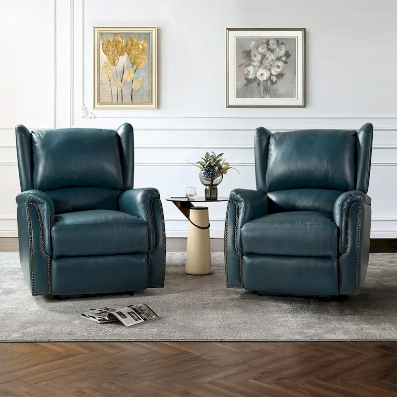 Genuine Leather Power Recliner with USB Port �?Wingback Nailhead Set of 2