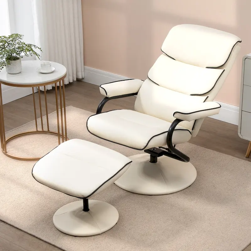 HOMCOM Recliner Chair with Ottoman, Swivel PU Leather High Back Armchair w/ Footrest Stool, 135 Adjustable Backrest