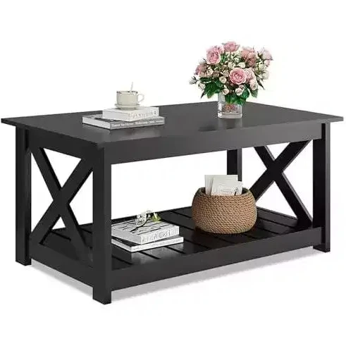 Farmhouse Coffee Table with X-Frame and Storage Shelf, 40.1"