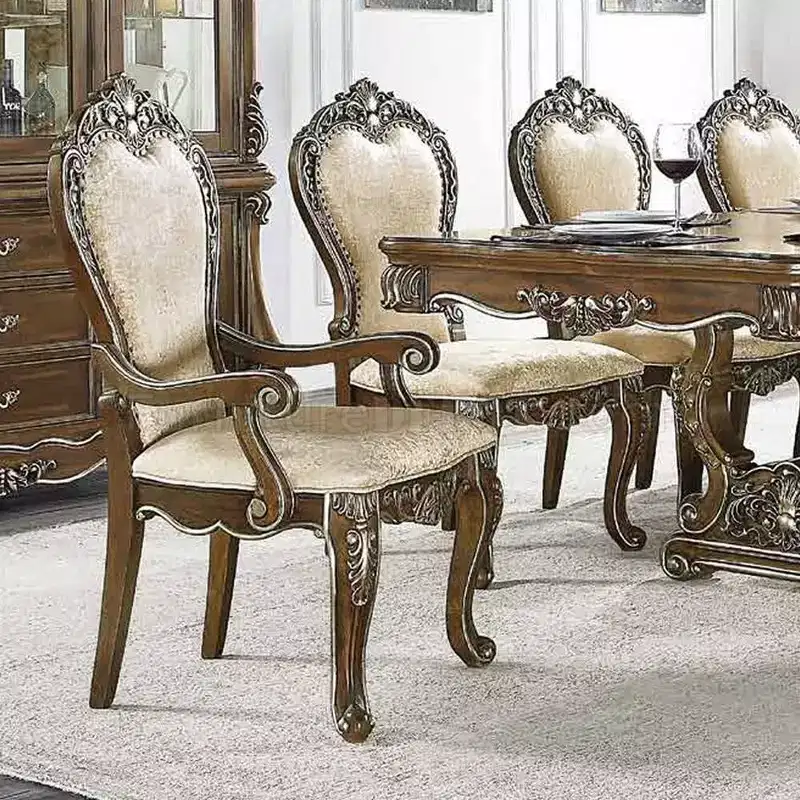 25" Latisha Dining Chair Antique Brown: Silver Detailing, Gray Chenille, Nailhead Trim