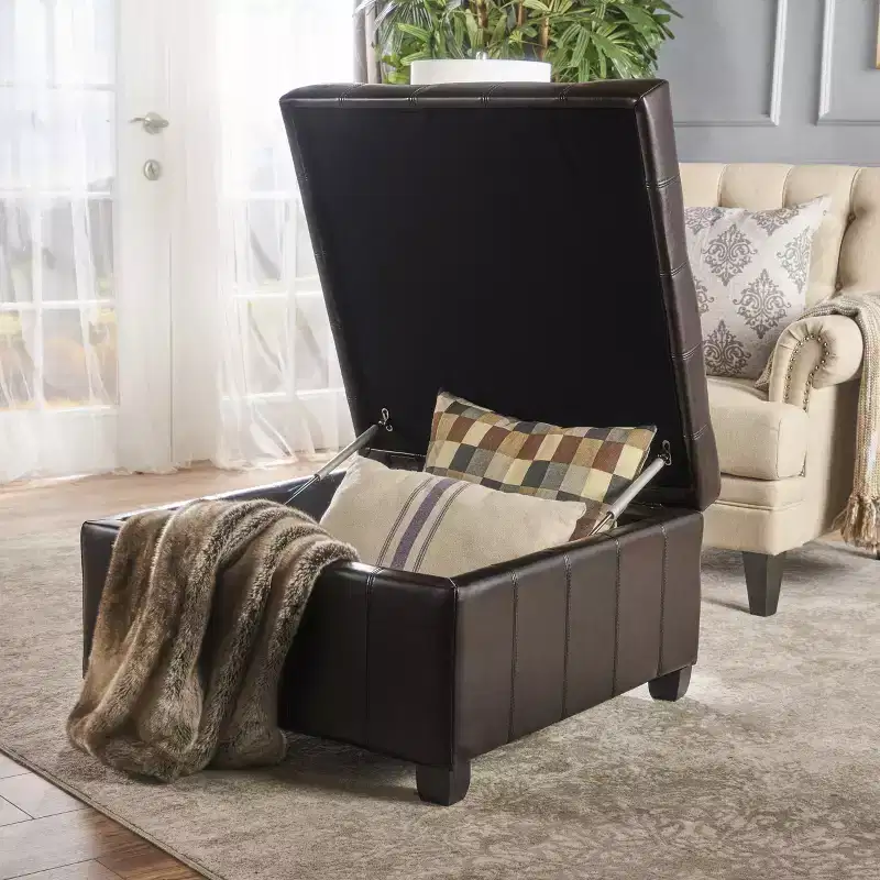 Contemporary Tufted Faux Leather and Birch Wood Upholstered Storage Ottoman