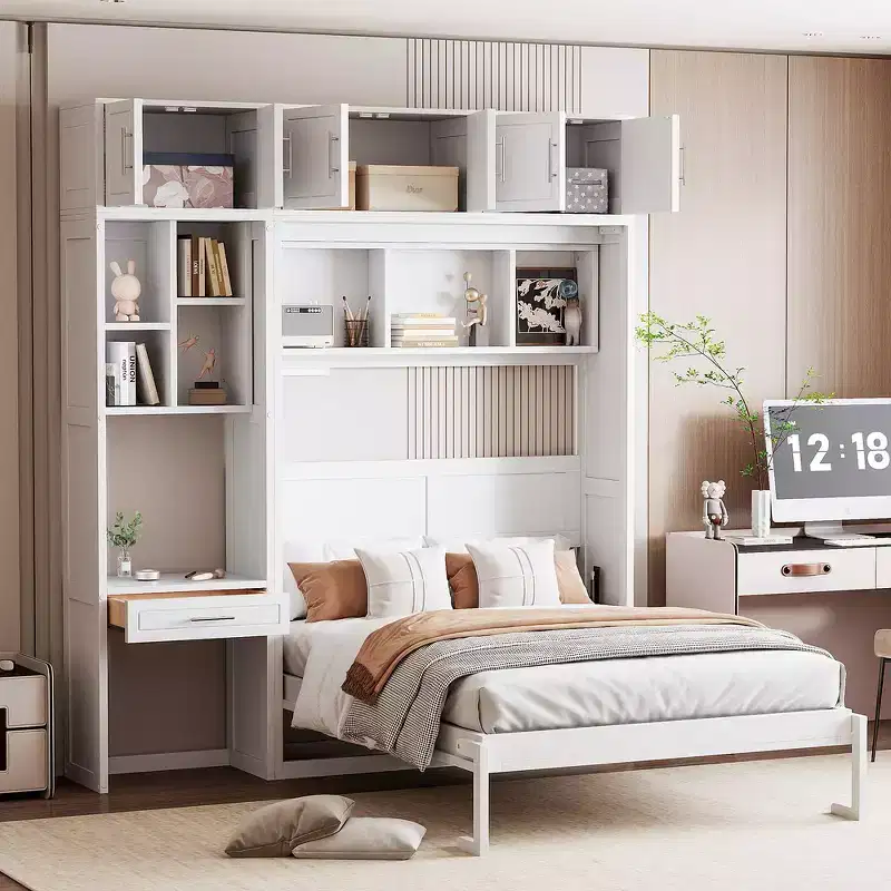Twin Size Wall Murphy Bed with Top Cabinet, Shelves, Light & USB