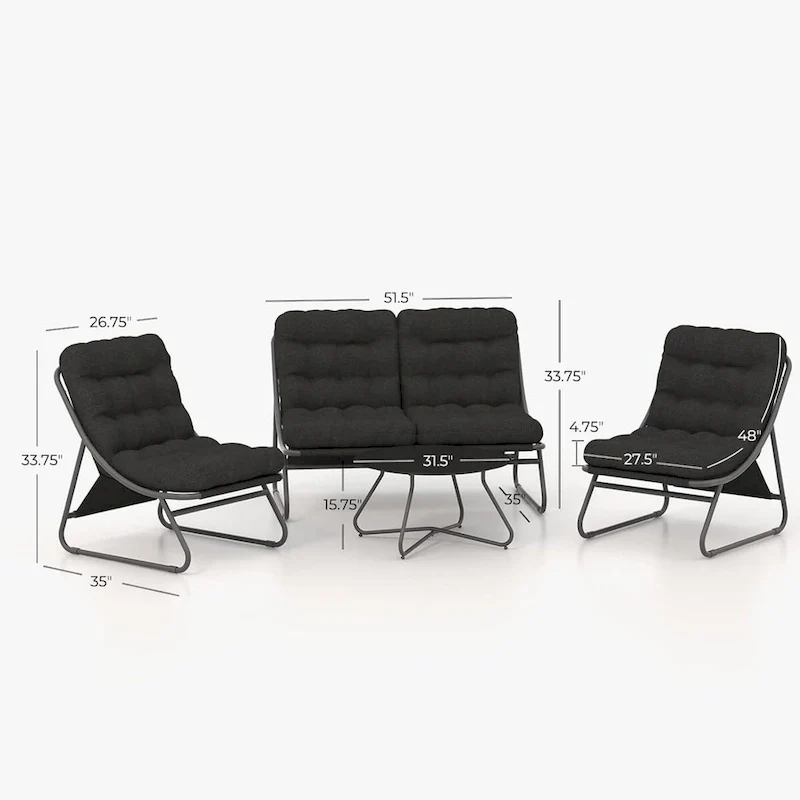 Patio Conversation Set Sofa Chairs Table Set, With Removable Padded Olefin Cushions In Metal Frame For Outdoor (Set Of 4)