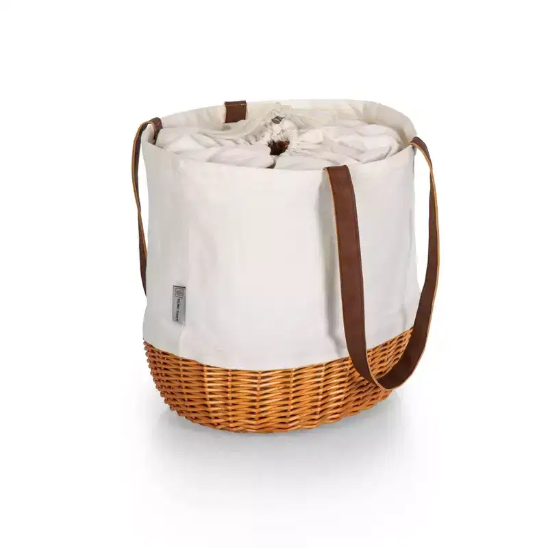 Picnic Time Coronado Canvas & Willow Basket Tote: Wicker Picnic Bag with Handles, Solid Beige, Drawstring Closure