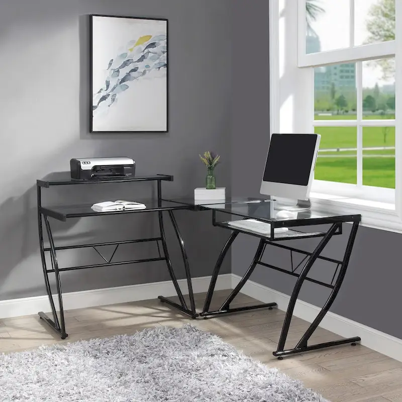 Black Polished L-Shaped Glass Desk for 1–2 Users