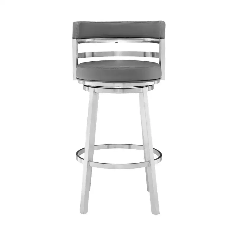 HomeRoots 26 Gray And Silver Faux Leather And Iron Swivel Low Back Counter Height Bar Chair