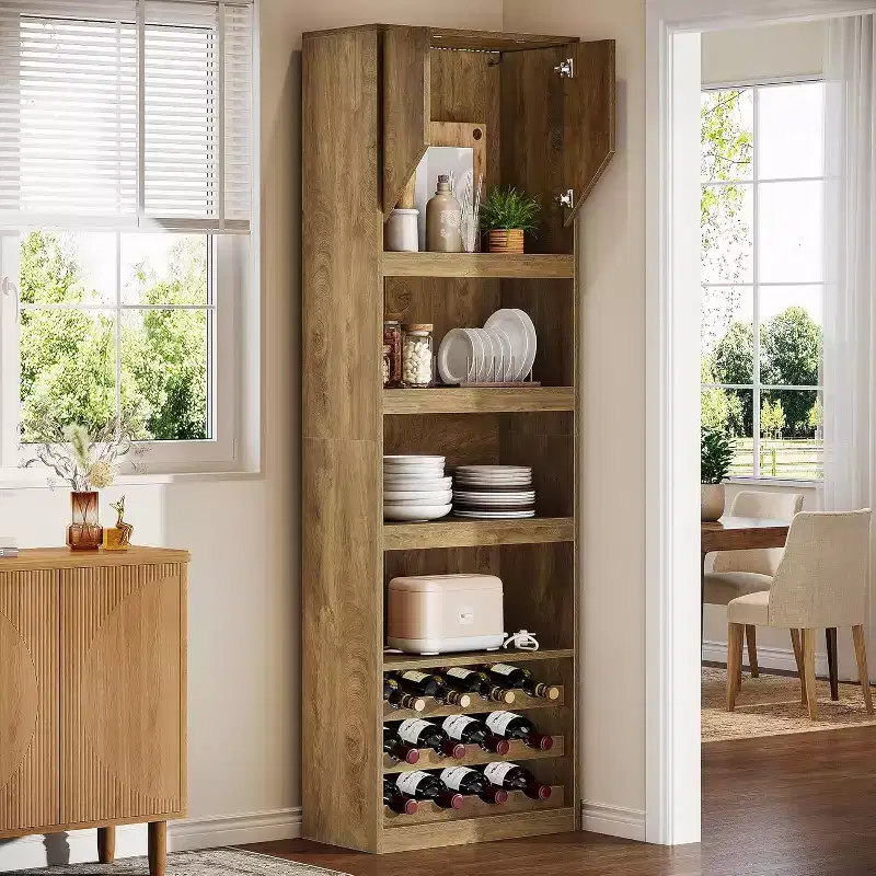 86.6 Tall Wine Bar Cabinet with Stripe Light, Farmhouse Home Bar Liquor Cabinet with Wine Racks for Kitchen, Dining Room