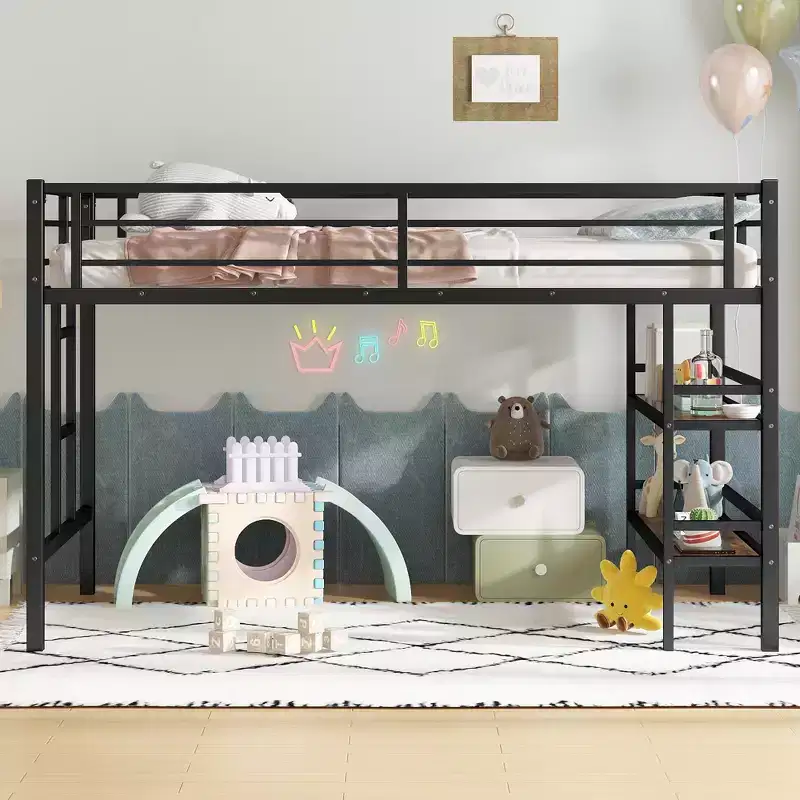 Twin Size Metal Loft Bed for Kids with Ladder and Guardrails, Black