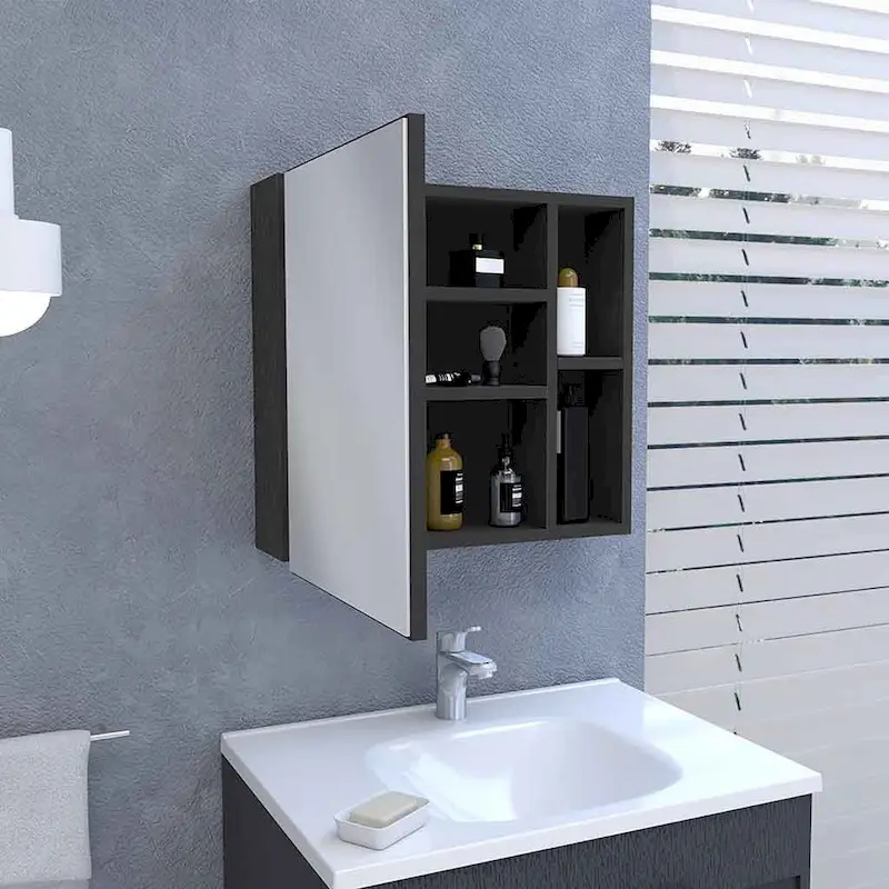 Mirror Cabinet with Three Internal Shelves, Single Door, Two External Shelves, Black Wengue Finish