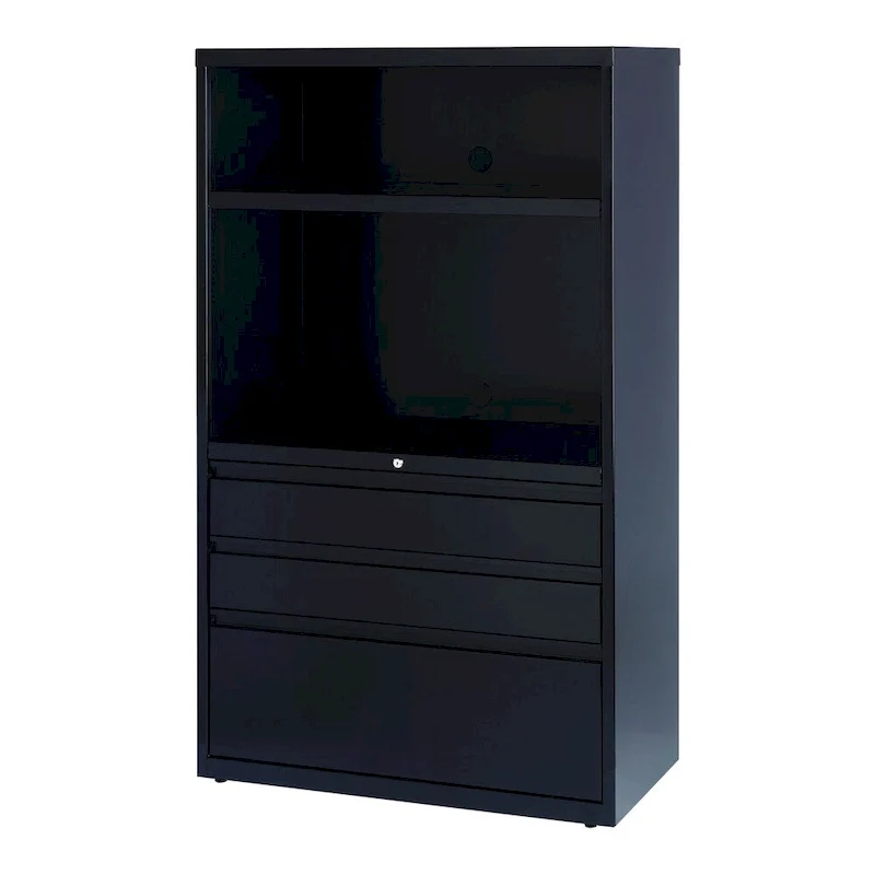 Black Steel Lateral File Cabinet with Locking Drawers and Open Shelves