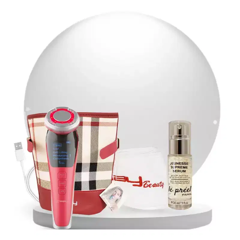 LINSAY Rejuvenation-Lifting Device EMS Technology Warm/Cool LED Face Massage Super SPA Bundle with Potent Anti-Aging Serum USB Cable Headband & Bag