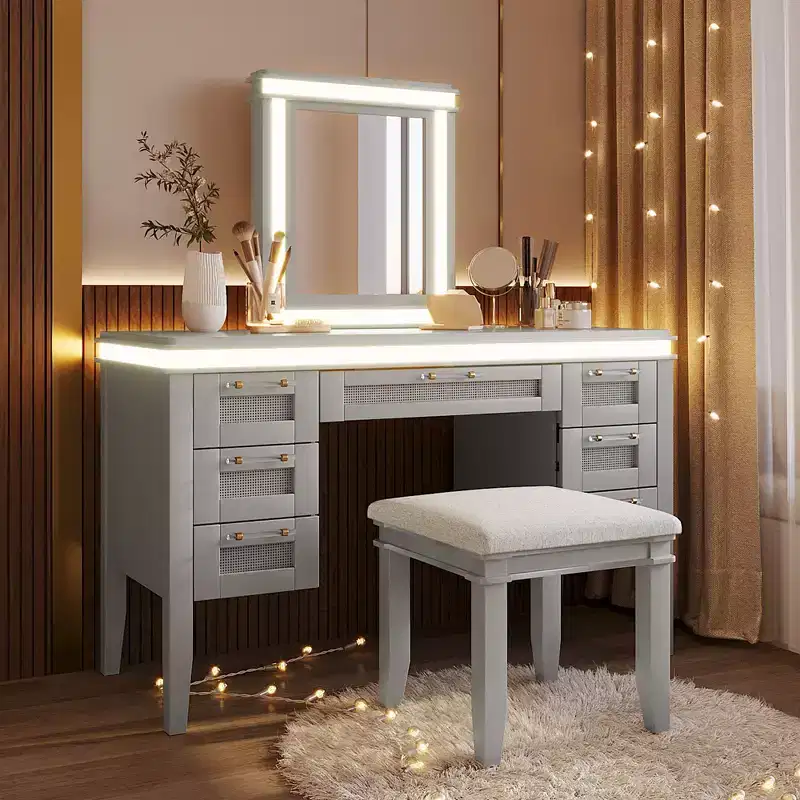 44.37 Makeup Vanity Desk with Tri-Fold Mirror, 5 Drawers, Shelves and 2 Cabinets