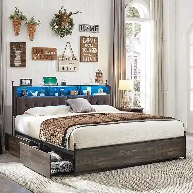 King Size Bed Frame with LED Lights, Charging Station and 4 Drawers