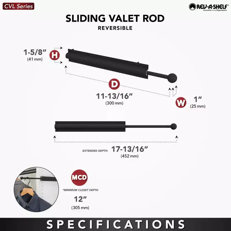 Rev-A-Shelf CVL-12-CR 12-Inch Extendable Metal Closet Valet Clothes Rod
