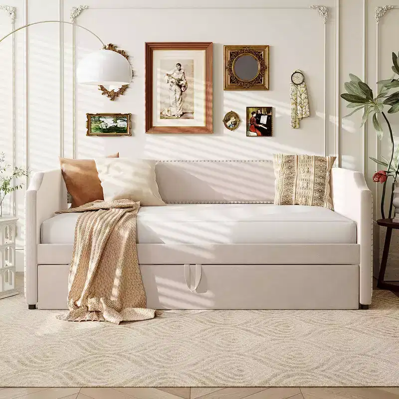 Zeus & Ruta Twin Velvet Upholstered Daybed with Pop Up Trundle & Nailhead Trim