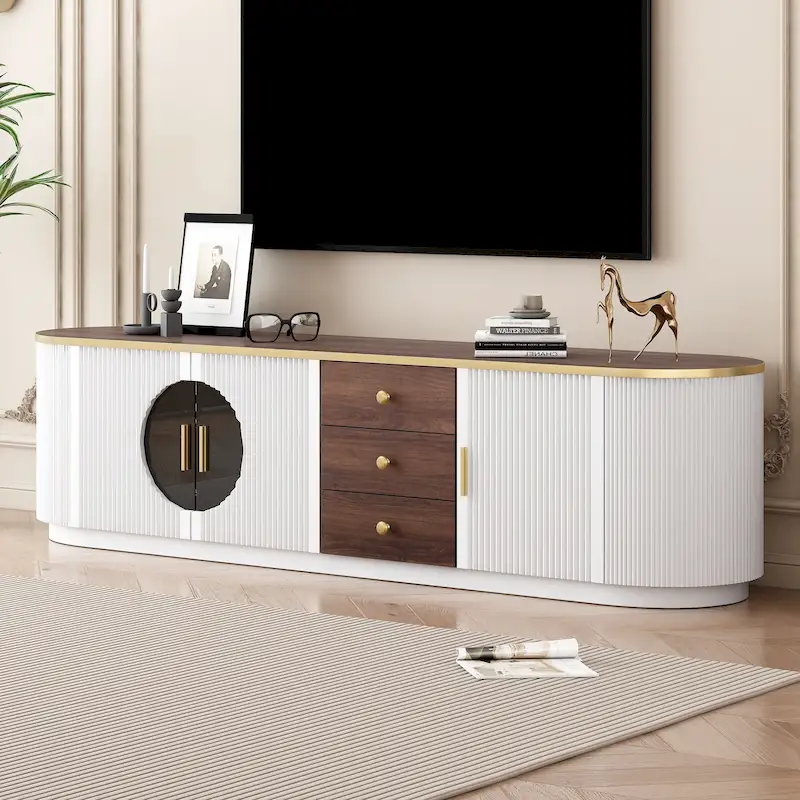 Curved Wood-Grain TV Stand Media Console with Drawers Cabinets White Gold