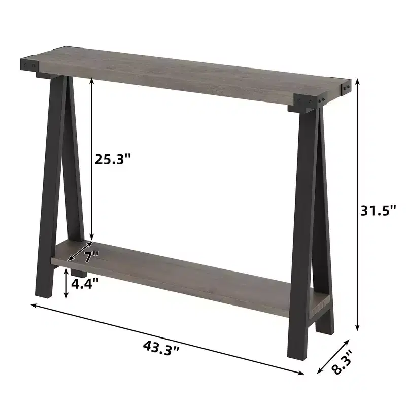 Farmhouse 2-Tier 43.3 Console Table  Metal Frame & MDF Narrow Sofa Table with Storage  Behind Couch Table for Entryway, Living Room, Hallway
