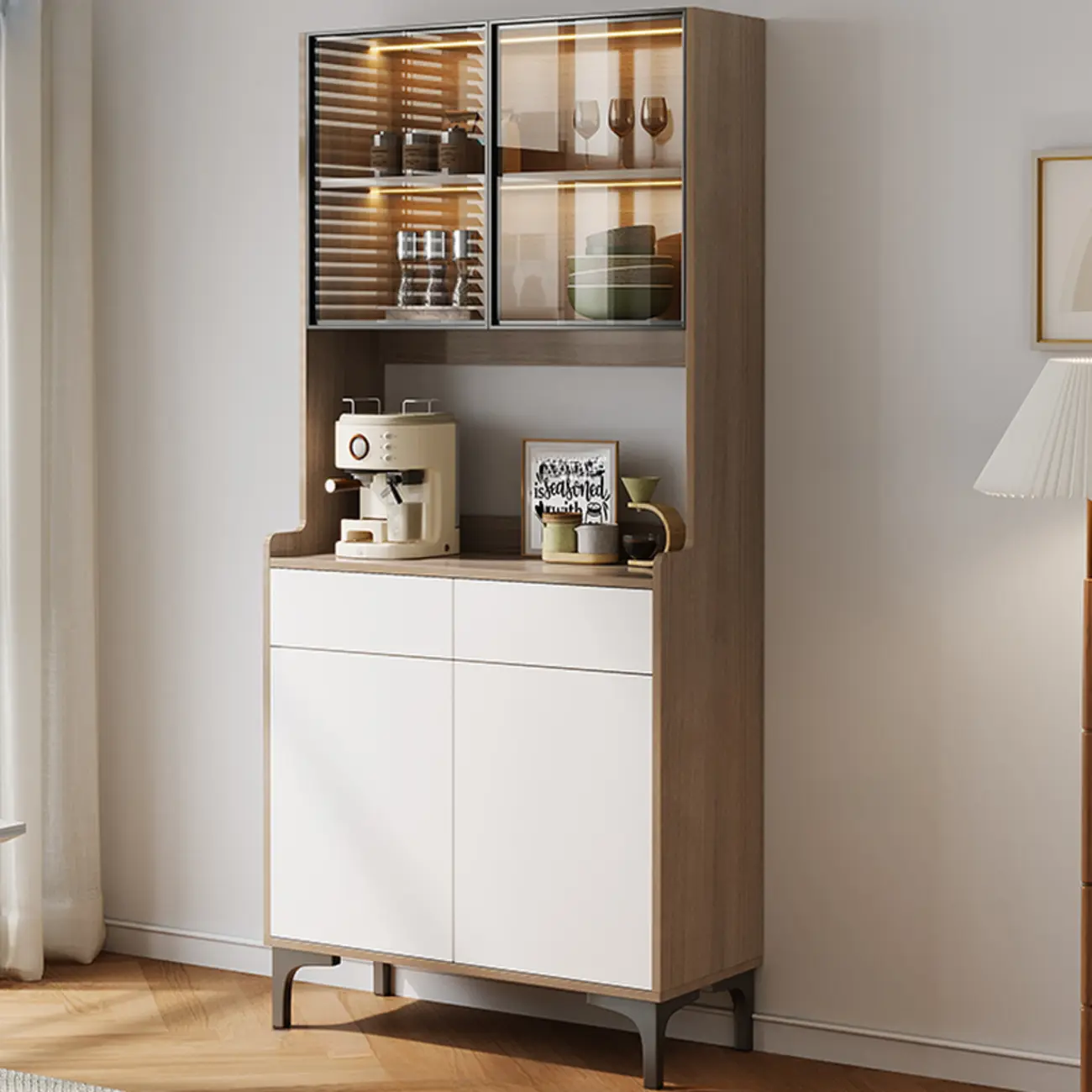Large Wood Glass Doors Cabinet Sideboard with Hutch Top