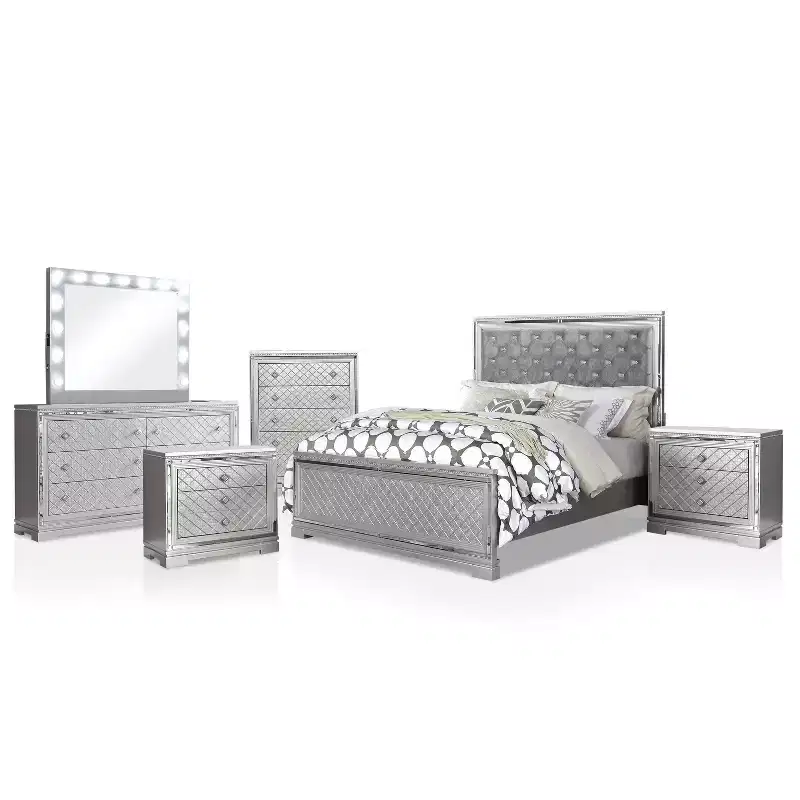 6pc California King Tenaya Bedroom Set Silver/Gray - HOMES: Inside + Out: Glamorous Design, Mirrored Trim, Button Tufted