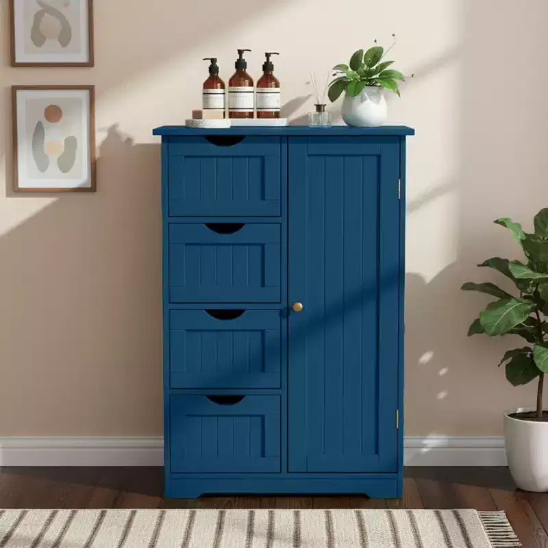 Blue Bathroom Storage Cabinet with 4 Drawers and 1 Door