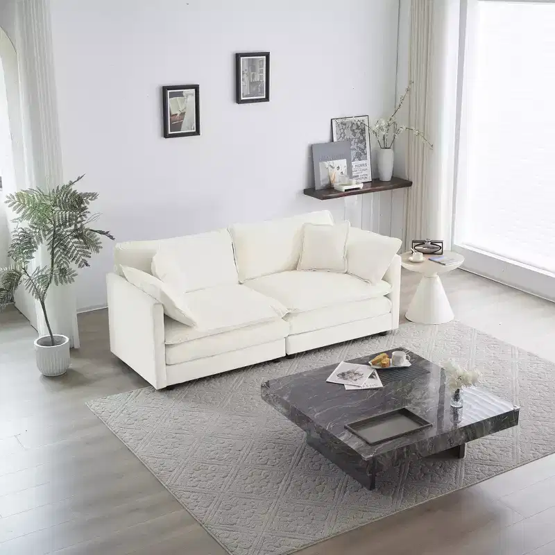 MAYEERTY Modern Loveseat Sofa Couch for Living Room Upholstered Deep 2 Seat Sofa with 4 Pillow for Living Room White Chenille