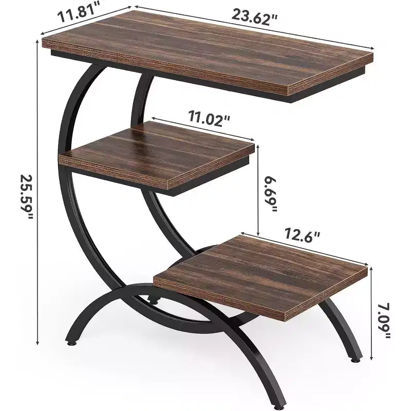 Lantine End Table, Narrow Table with 3 Storage Shelves, Industrial C-Shaped Small Sofa Side Table for Living Room, Rustic Brown