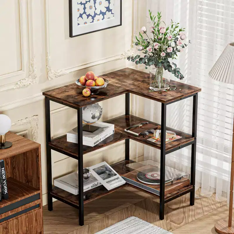 3-Tier Open Shelf Corner Cabinet Table, Multipurpose Display Organizer Storage Stand, Brown/Gray