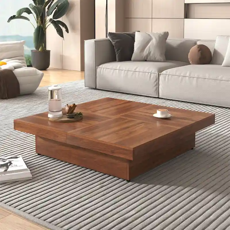 Square Coffee Table Sliding Top Hidden Storage Walnut White MDF