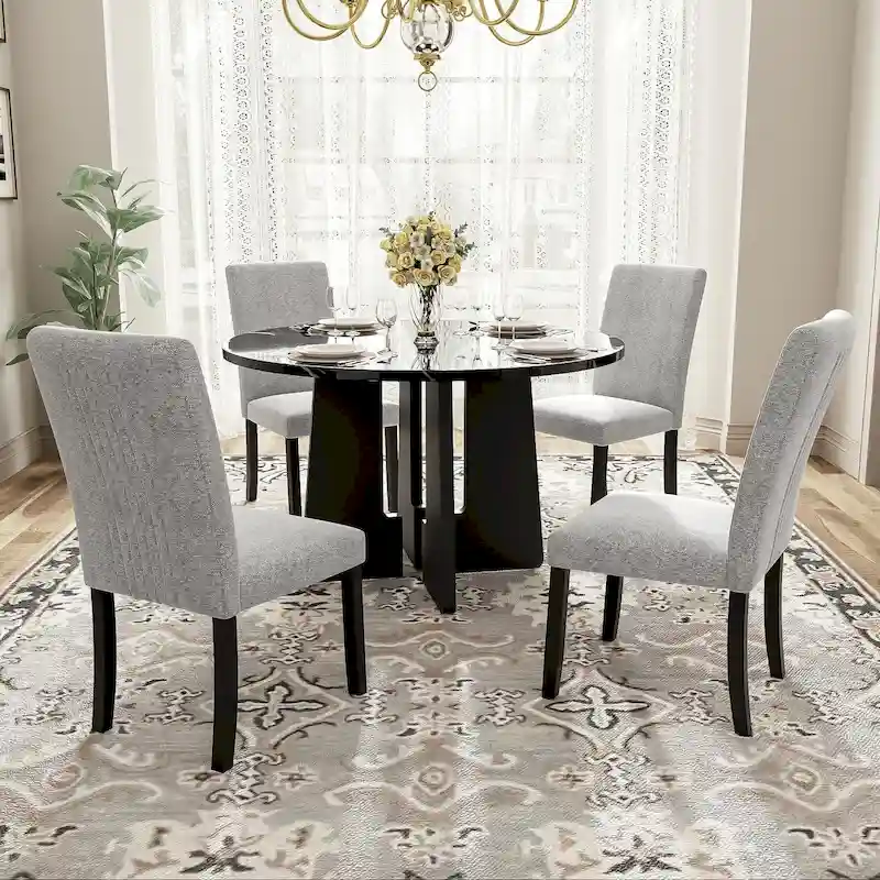 5 Pcs Round Dining Table Set, Solid Wood Kitchen Table Furniture Set with Dining Table and 4 Upholstered Chairs