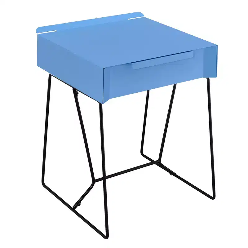 Modern Side Table Blue �C 1-Drawer Geometric Metal Base, 58,1 cm High