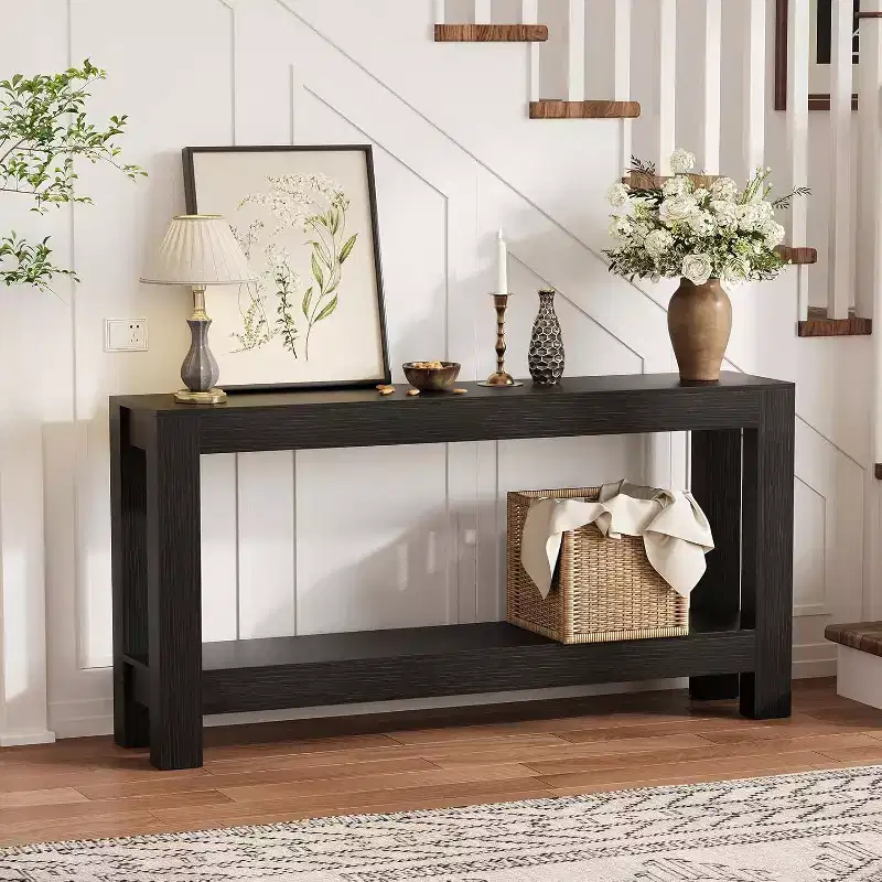 63 Inch 2-Tier Farmhouse Console Table, Reinforced Stable Long Narrow Entryway Sofa Table for Living Room & Hallway