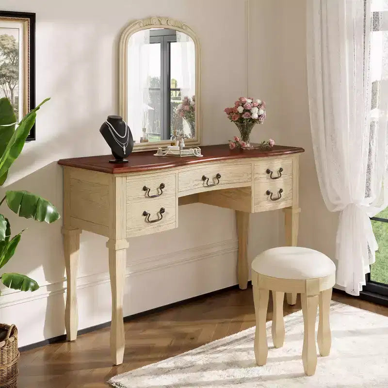 46-Inch Vintage Makeup Vanity Desk with Mirror, 5 Drawers, Matching Stool for Bedroom, Walnut Finish, Space-Saving Design