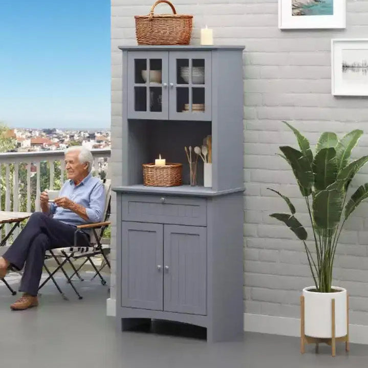 Modern 65 Wooden Kitchen Pantry Storage Cabinet with Glass Doors and Drawer