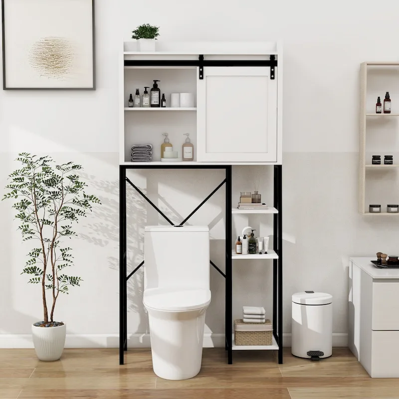 Over-Toilet Storage Cabinet with Sliding Barn Door and Open Side Shelves, White